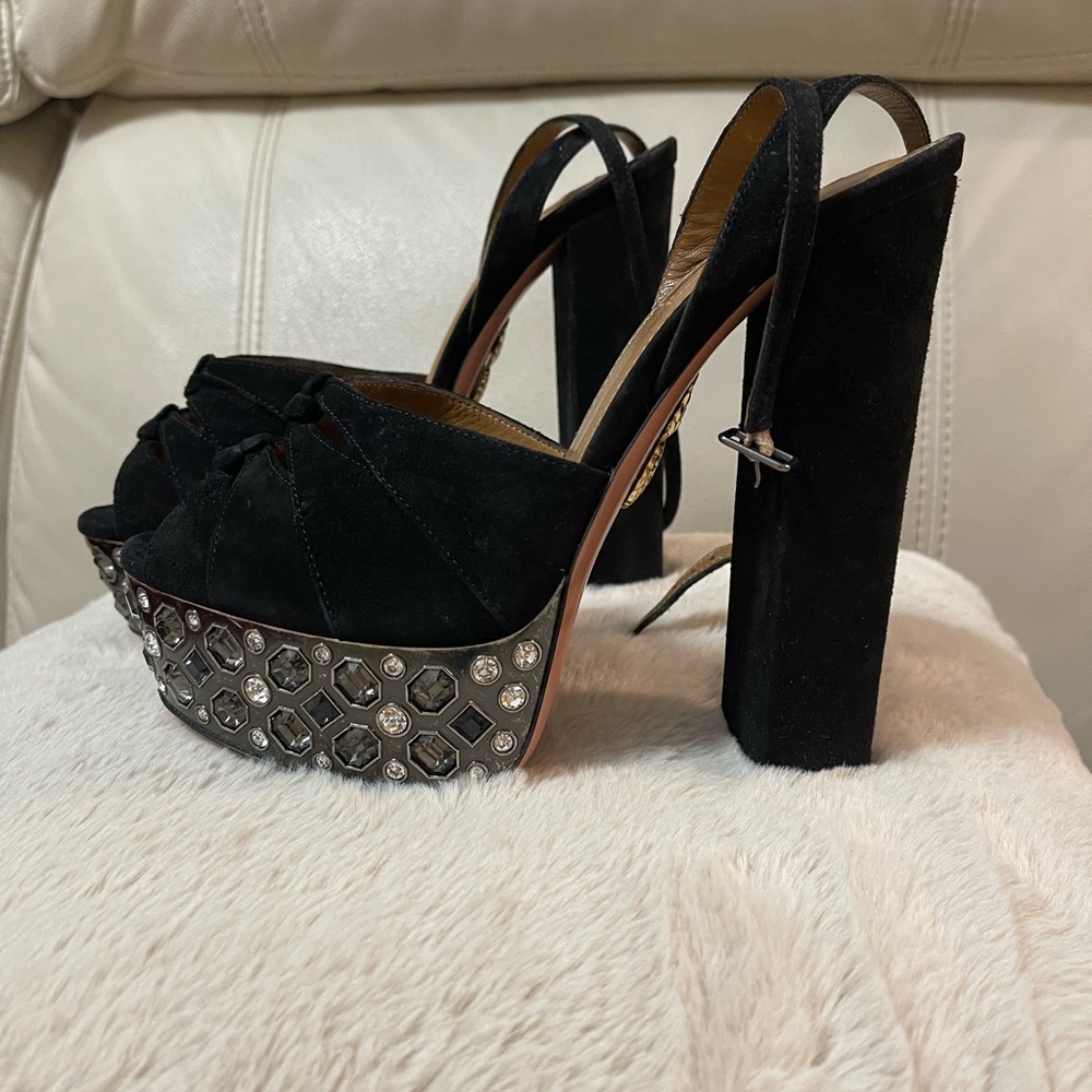 Aquazzura Black Suede Heels with Crystals